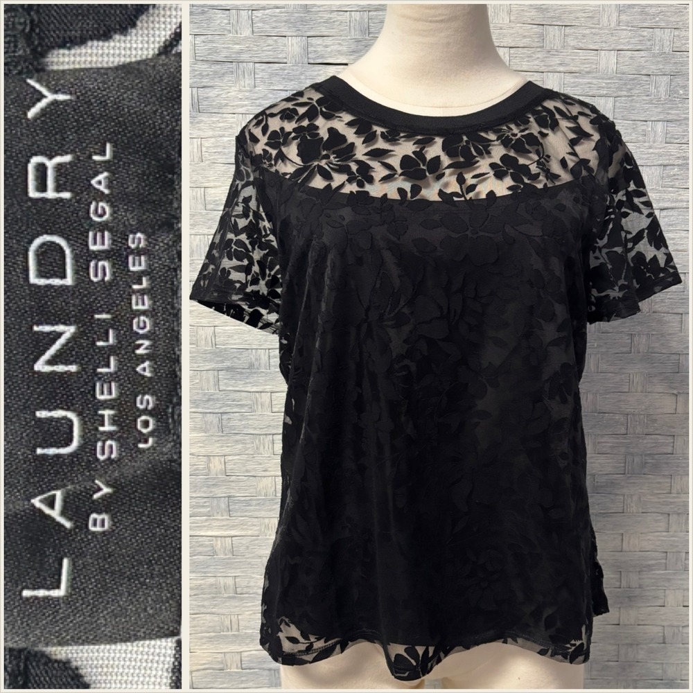 Laundry by Shelli Segal Black Floral Lace Overlay Top XL Whimsigoth‎ Retro